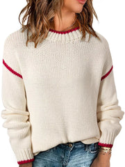 Contrast trim round neck sweater by Tikibella™, featuring a stylish design and soft fabric in a cozy setting.