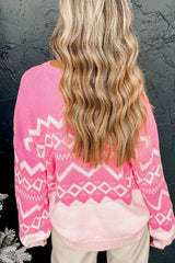 Geometric patterned long sleeve sweater by Tikibella™ in a stylish design, showcasing vibrant colors and soft fabric.