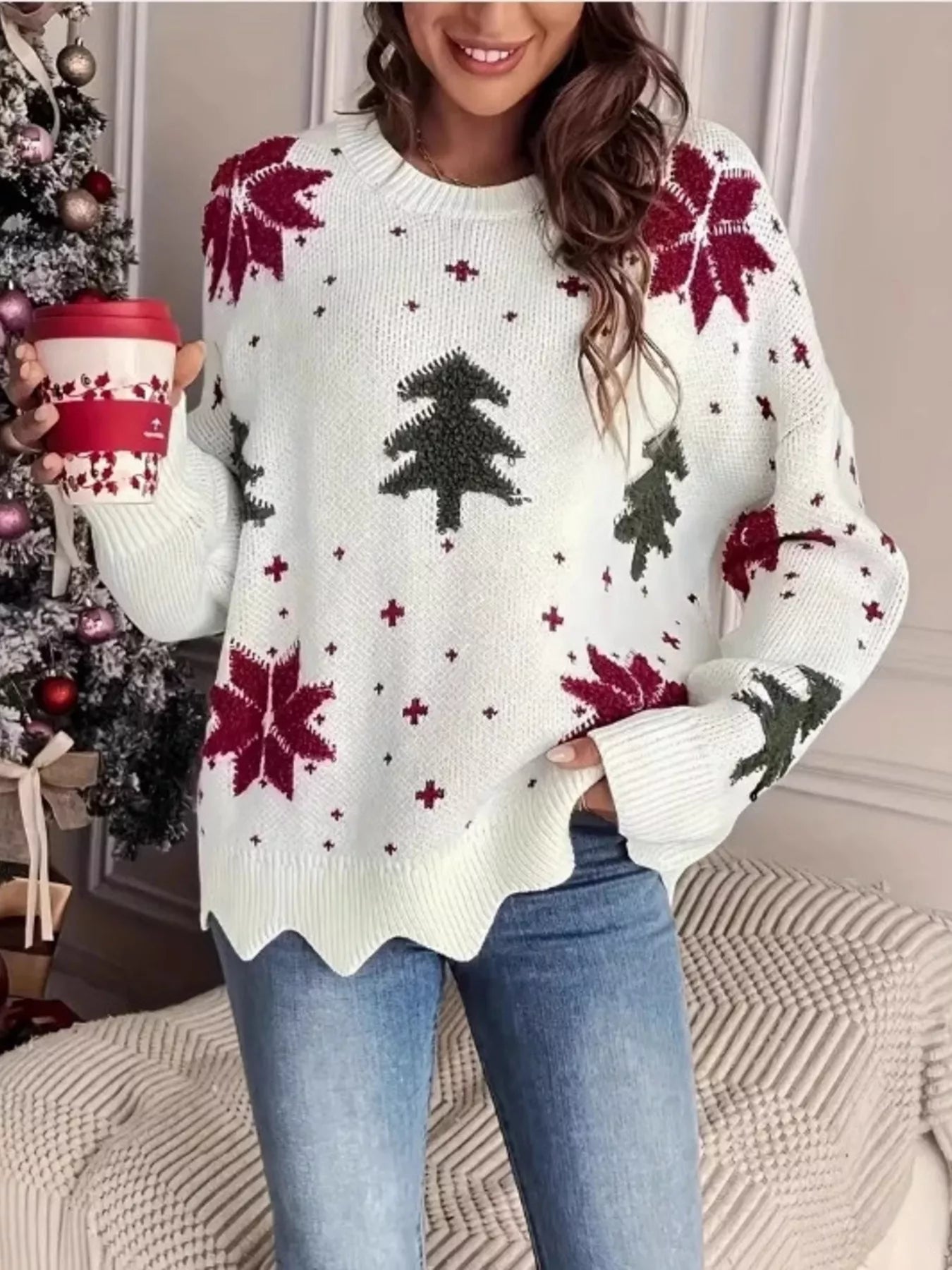 Christmas tree pattern round neck sweater by Tikibella™, featuring festive designs in a cozy knit fabric.