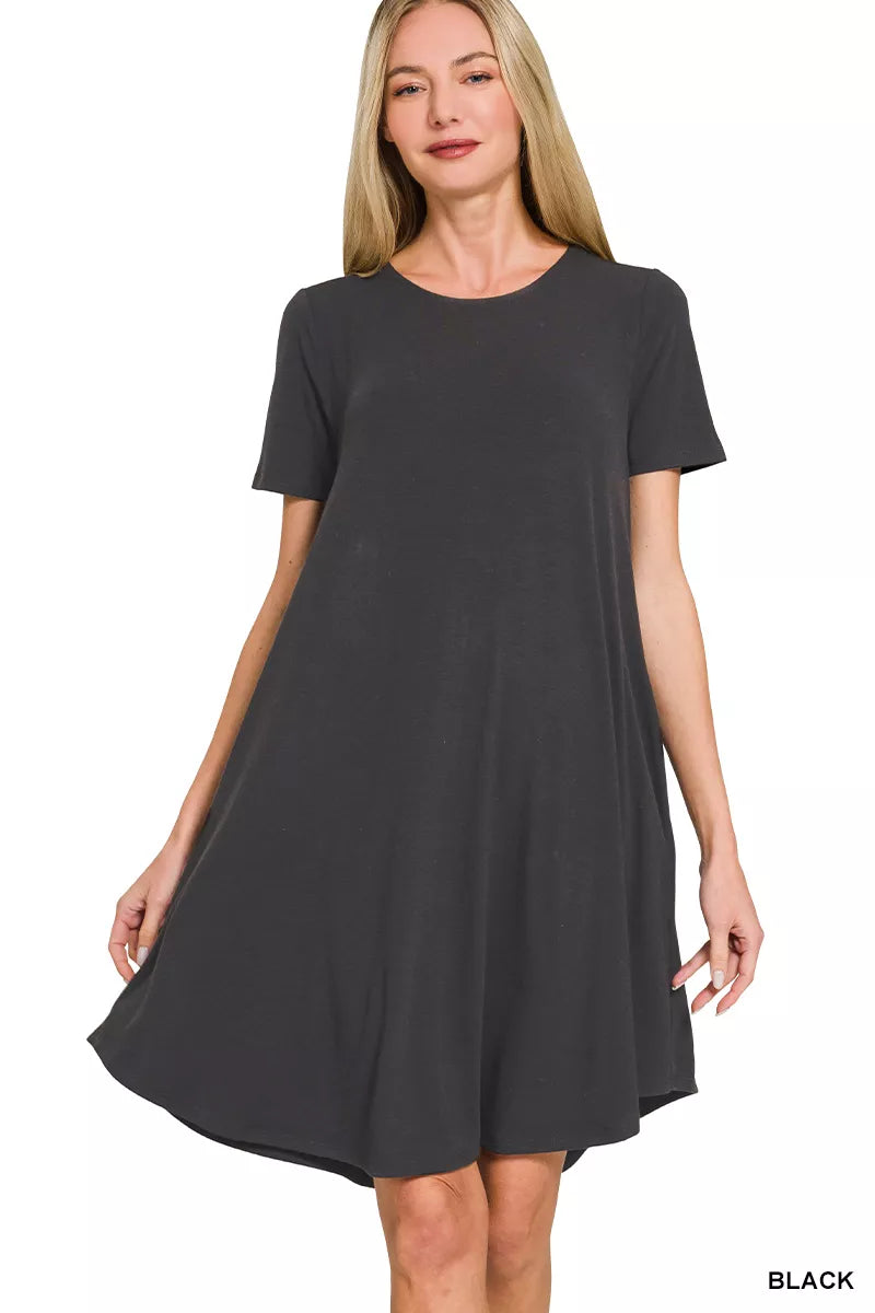 Zenana Short Sleeve Round Hem A-Line Dress with Pockets – TIKIBELLA