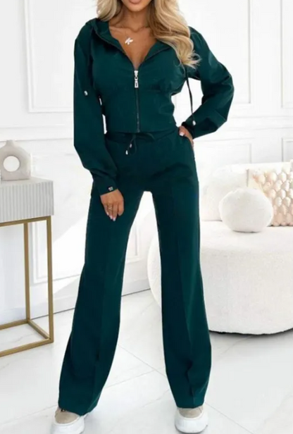 Hooded Zipper Jacket with Tight-Fitting Bottom Set