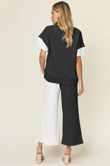 Double Take texture contrast t-shirt and wide leg pants set by Tikibella™, featuring a stylish and comfortable design.