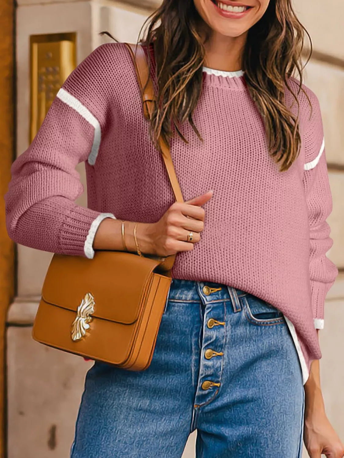 Tikibella™ contrast trim round neck sweater featuring a stylish design and comfortable fit in a cozy knit fabric.