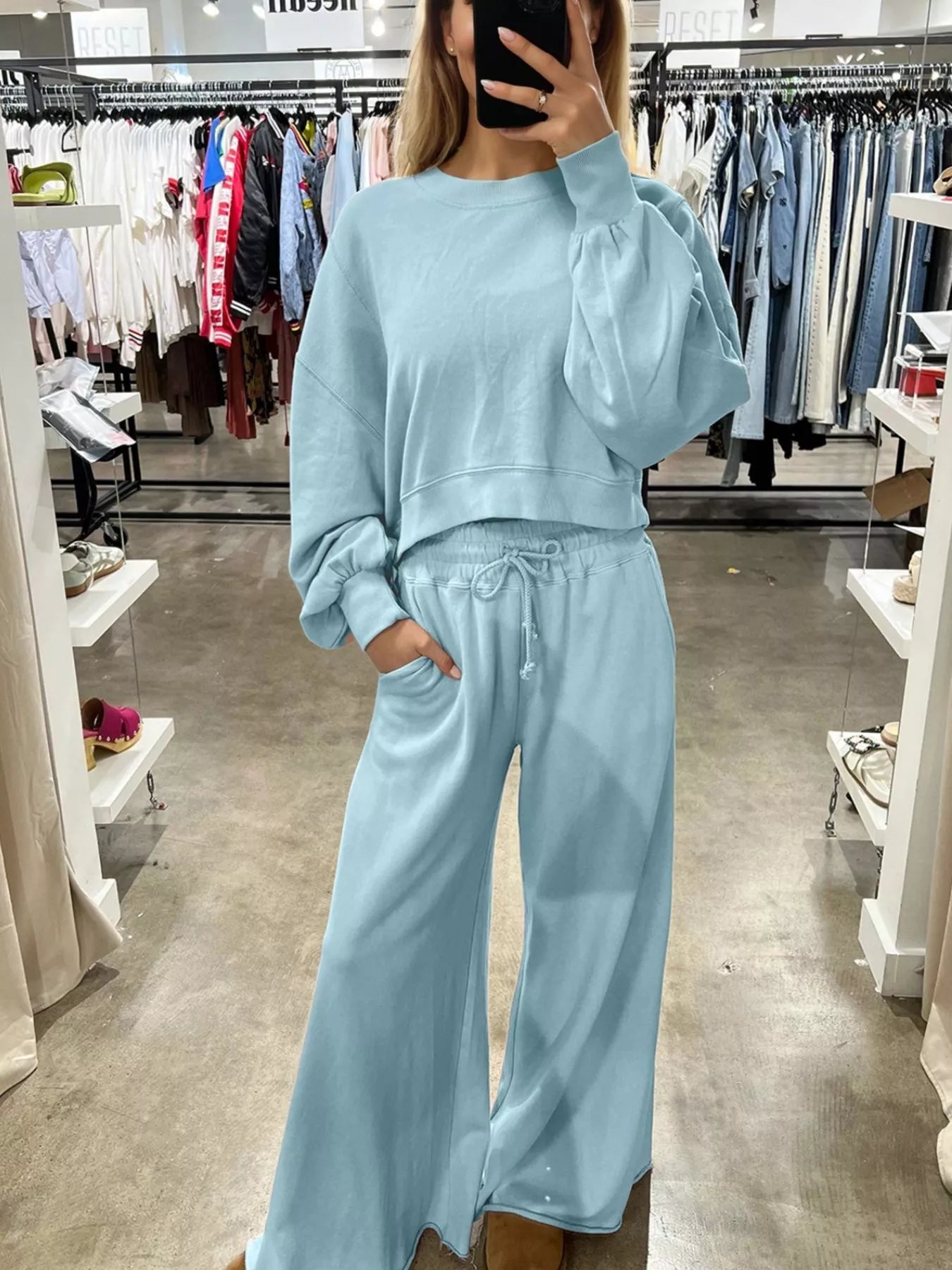 Drop shoulder puff sleeve crop top with drawstring wide leg pants set by Tikibella™, featuring a stylish and relaxed fit.