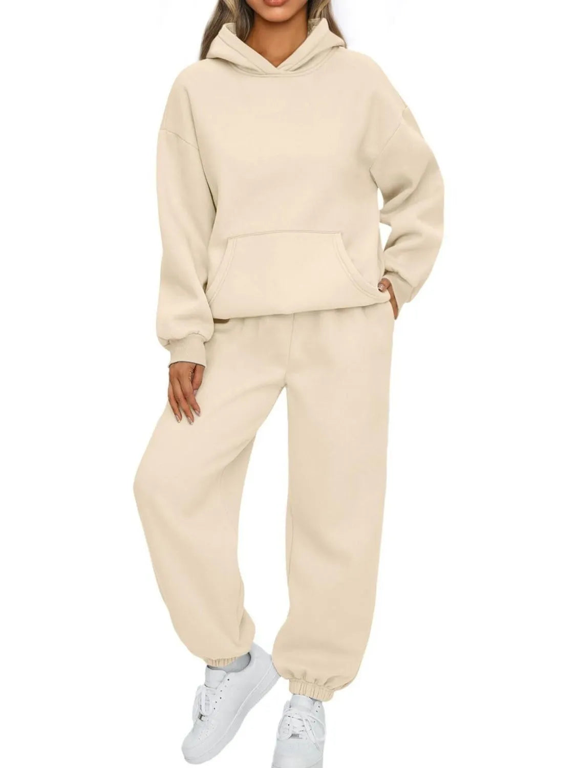 Plus size Tikibella™ hoodie and joggers set featuring a full-size kangaroo pocket in a cozy fabric.