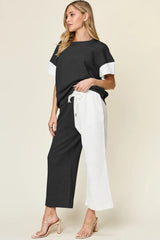Double Take texture contrast T-shirt and wide leg pants set by Tikibella™ in a stylish casual outfit.