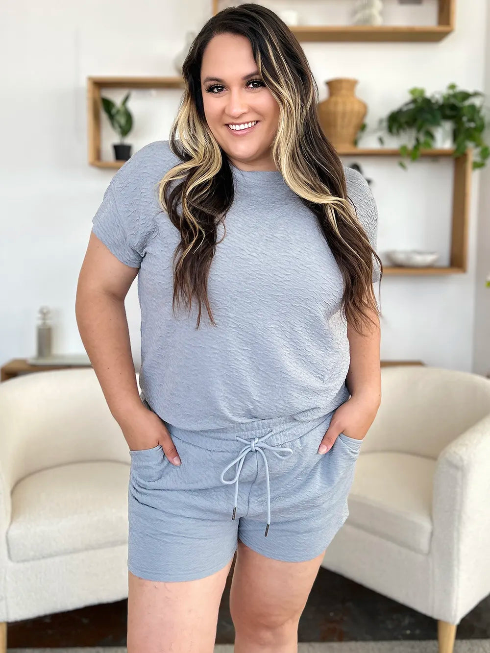 Tikibella™ Double Take texture short sleeve t-shirt and drawstring shorts set in a casual, relaxed fit.