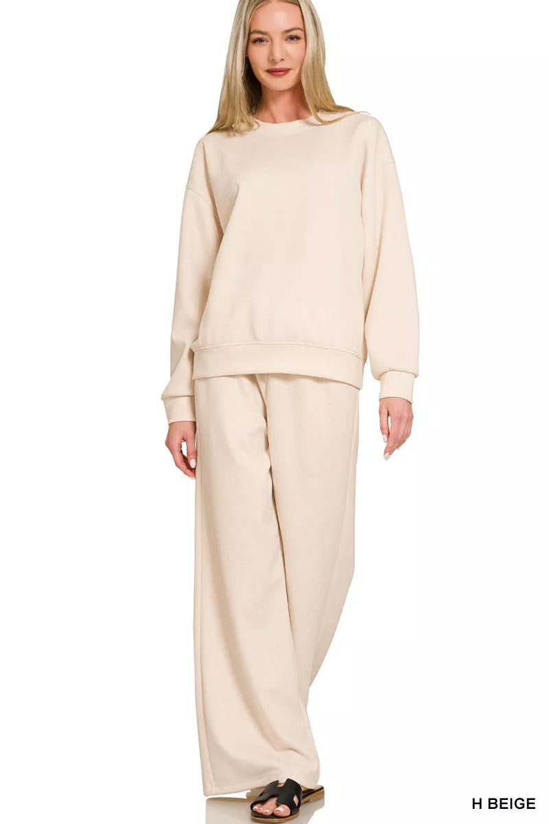 Zenana Tikibella™ scuba crewneck pullover and matching pants set in a cozy, relaxed fit with a smooth texture.