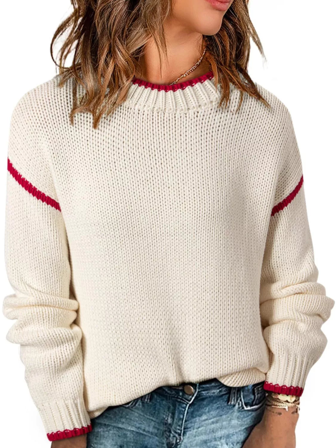 Contrast trim round neck sweater by Tikibella™, featuring a stylish design and soft fabric in a cozy setting.