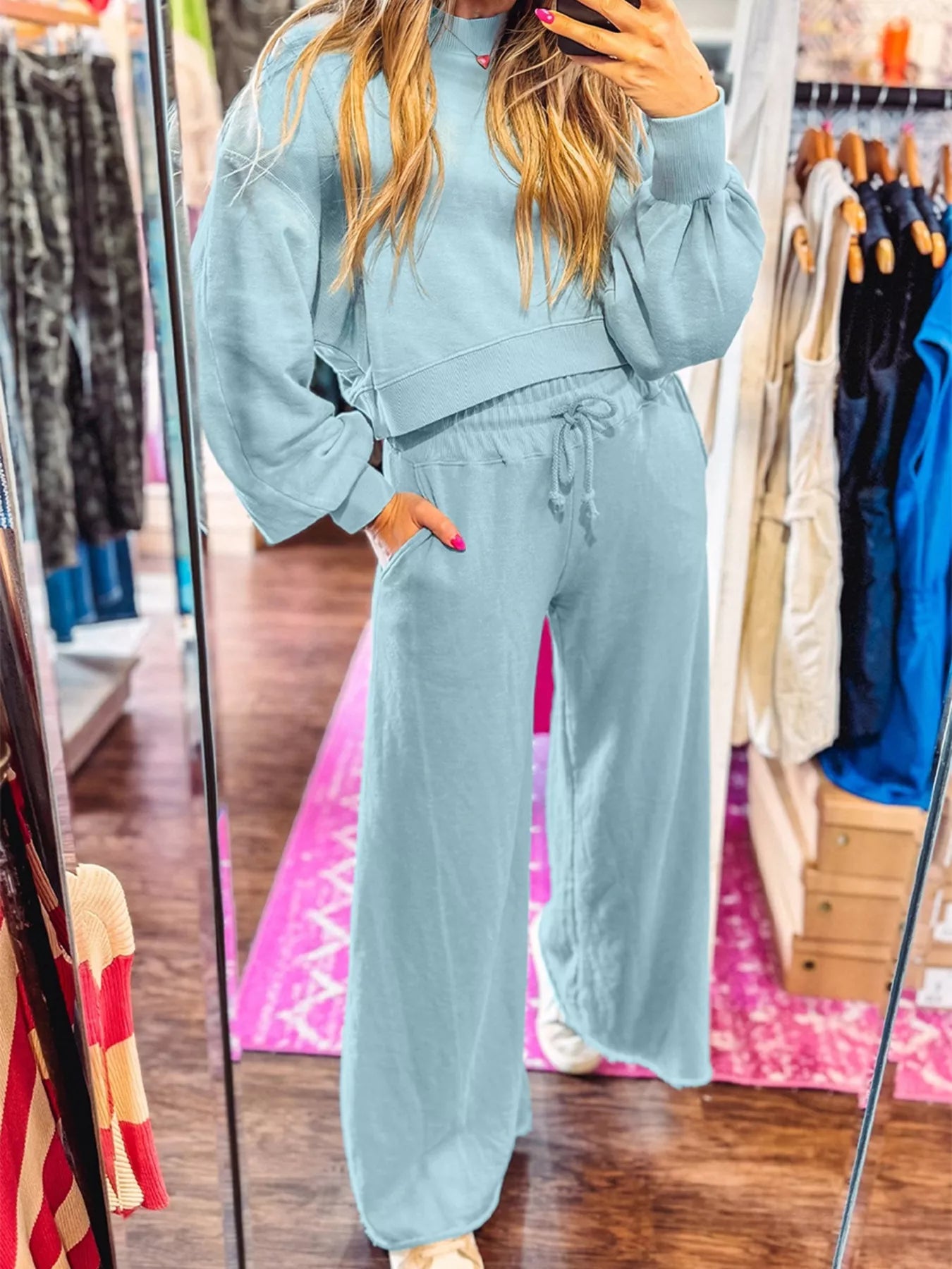 Drop shoulder puff sleeve crop top paired with drawstring wide leg pants set by Tikibella™, styled in a casual look.