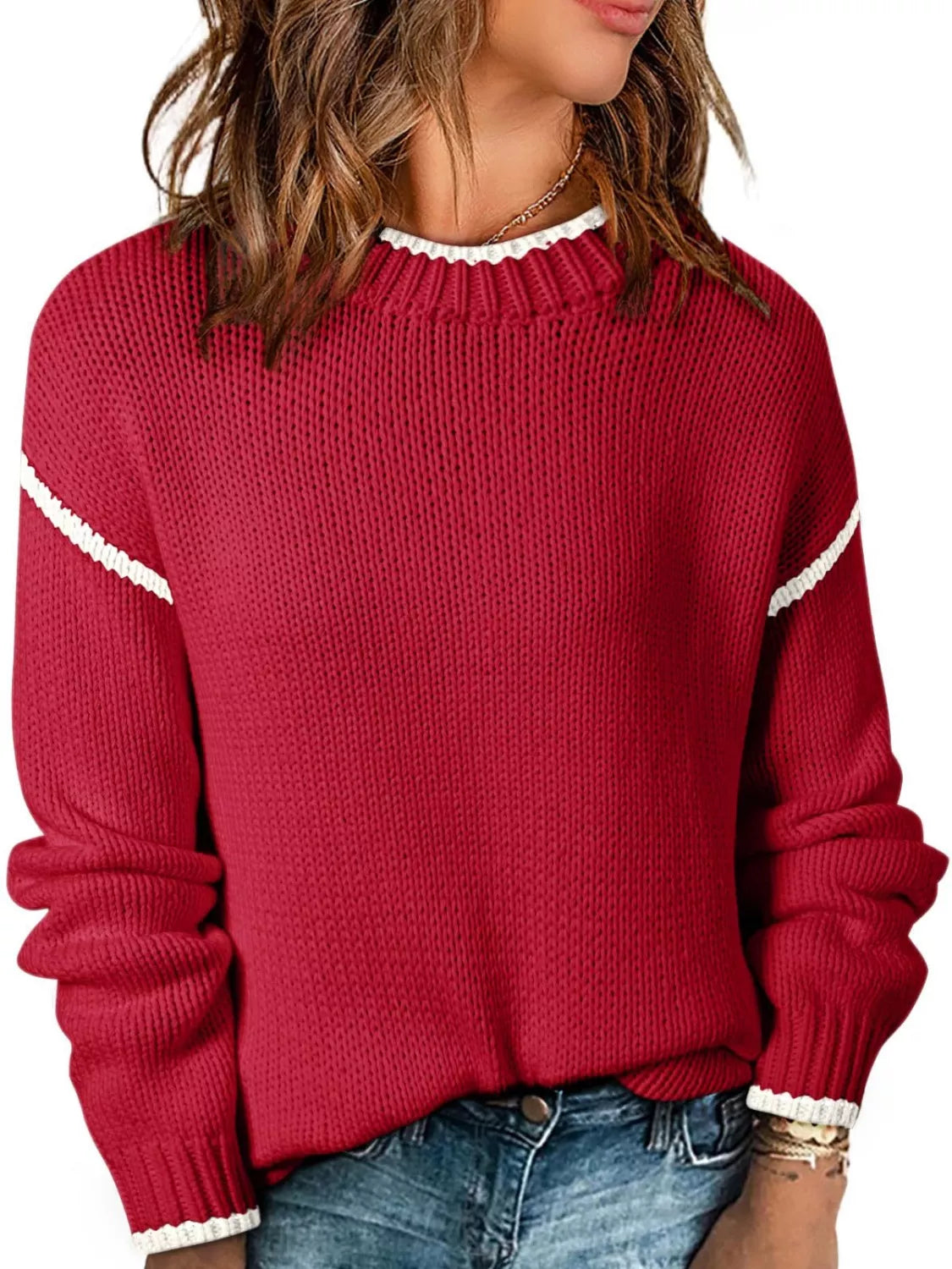 Tikibella™ contrast trim round neck sweater in soft fabric, featuring a stylish design and vibrant color accents.