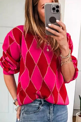 Tikibella™ argyle pattern long sleeve sweater in vibrant colors, featuring a cozy fit and stylish design.