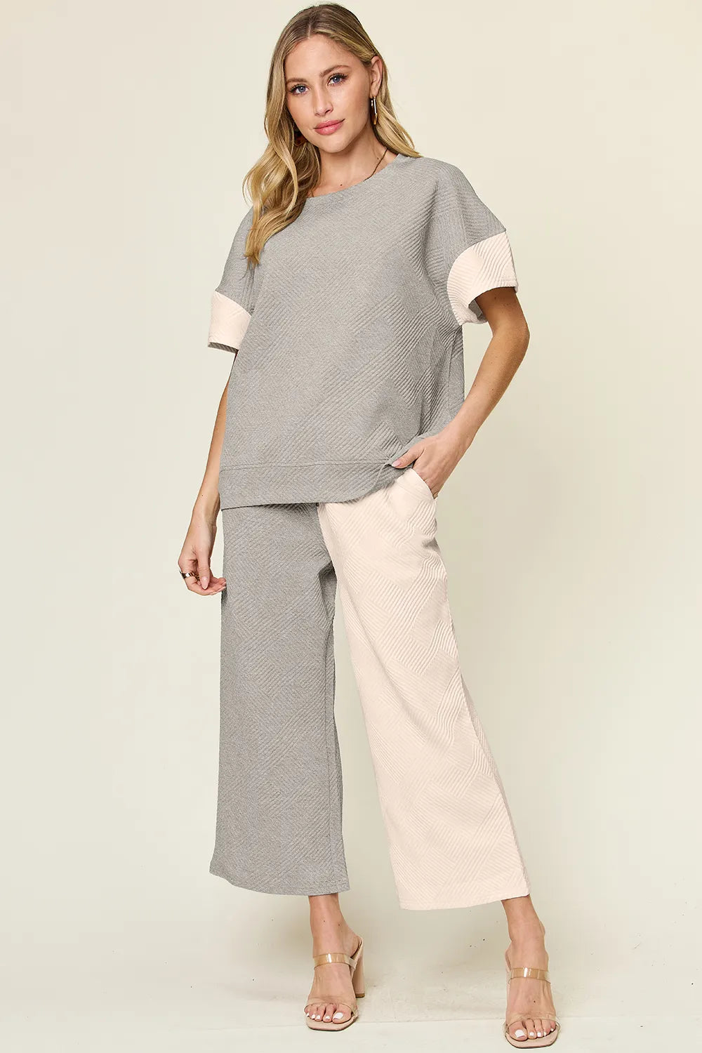 Tikibella™ Double Take texture contrast t-shirt paired with wide leg pants set, showcasing a stylish casual outfit.