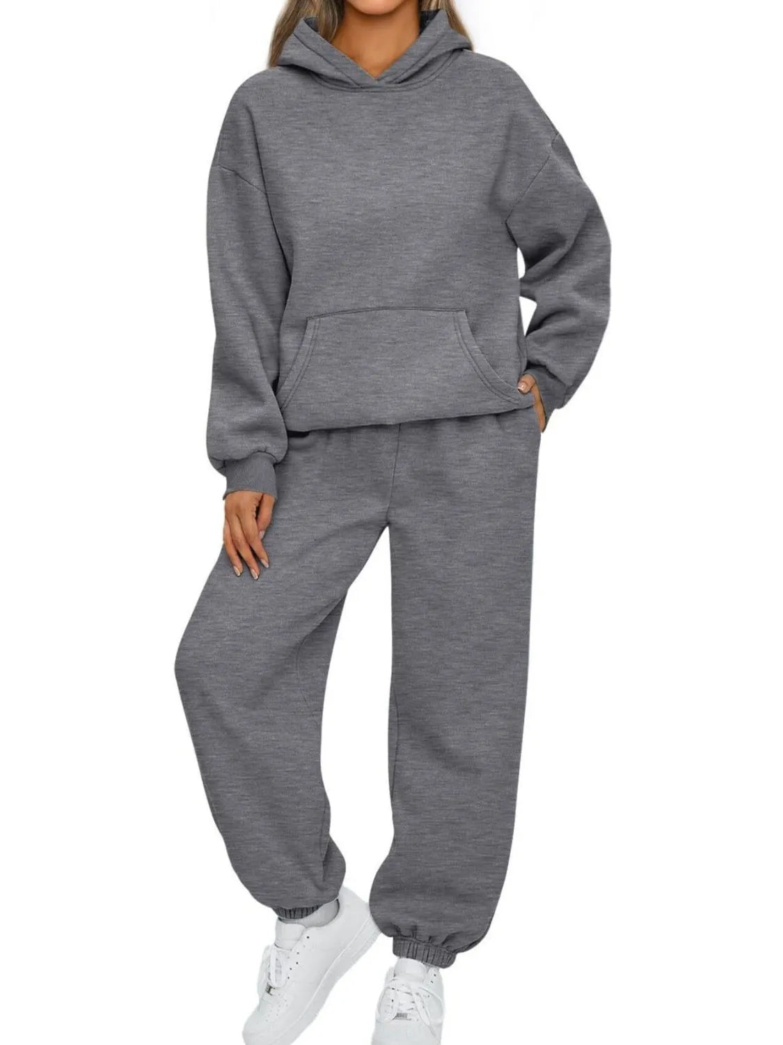 Plus size Tikibella™ hoodie and joggers set featuring a full-size kangaroo pocket in a cozy fabric.