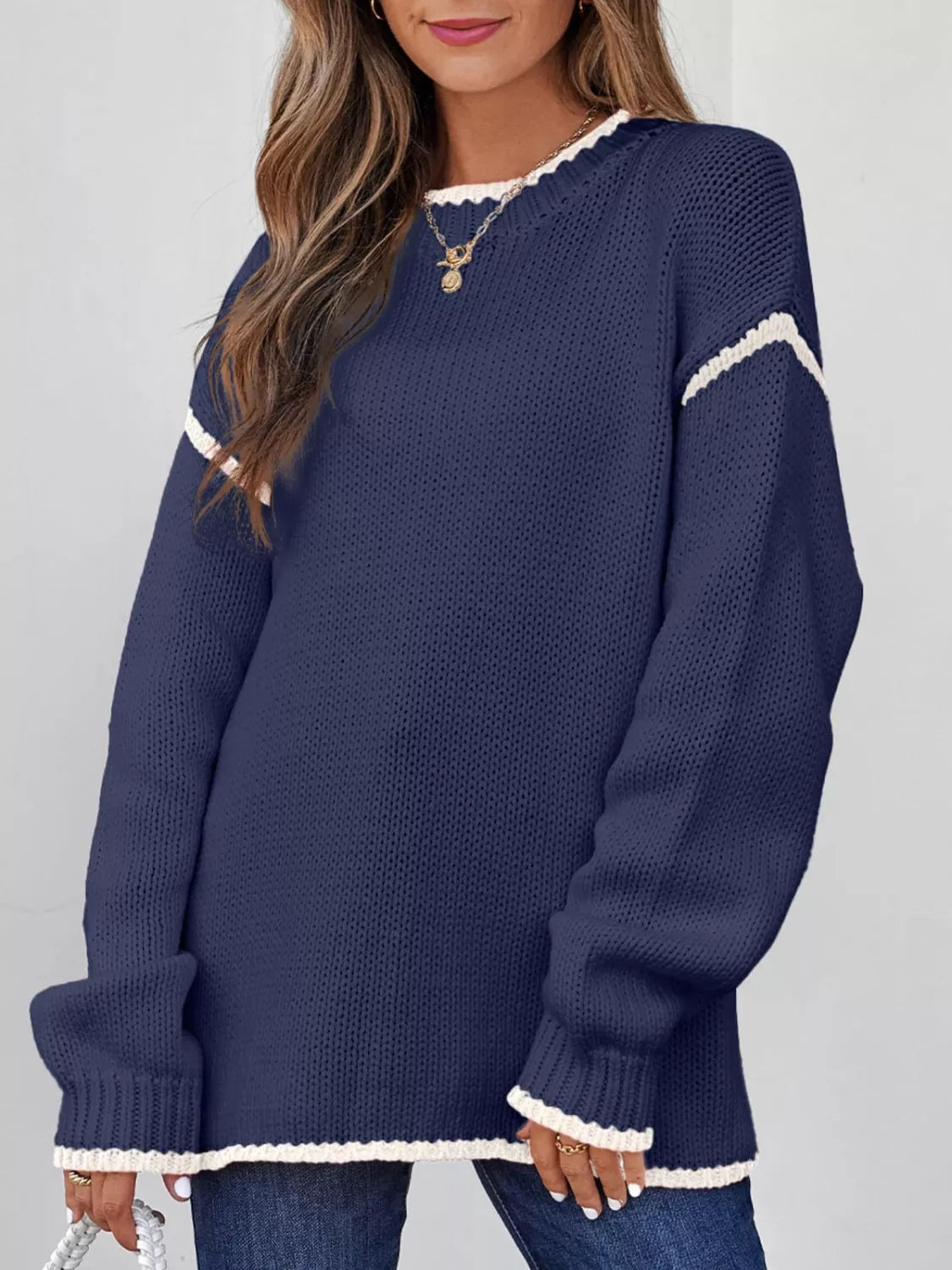 Tikibella™ contrast trim round neck sweater in soft fabric, featuring a stylish round neckline and contrasting details.