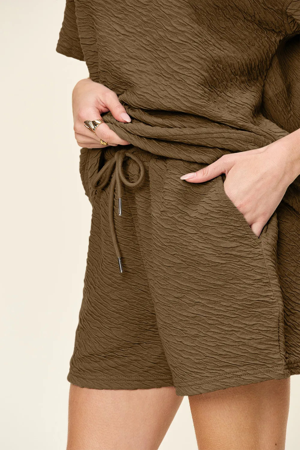 Tikibella™ Double Take short sleeve t-shirt and drawstring shorts set in a stylish casual outfit.