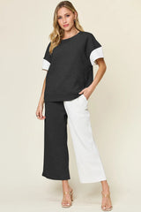 Double Take full size texture contrast t-shirt and wide leg pants set by Tikibella™, showcasing a stylish outfit combination.