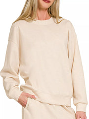 Zenana Tikibella™ scuba crewneck pullover and pants set in a soft fabric, featuring a relaxed fit and stylish design.