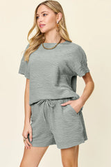 Tikibella™ double take short sleeve t-shirt and drawstring shorts set in a casual, relaxed style.