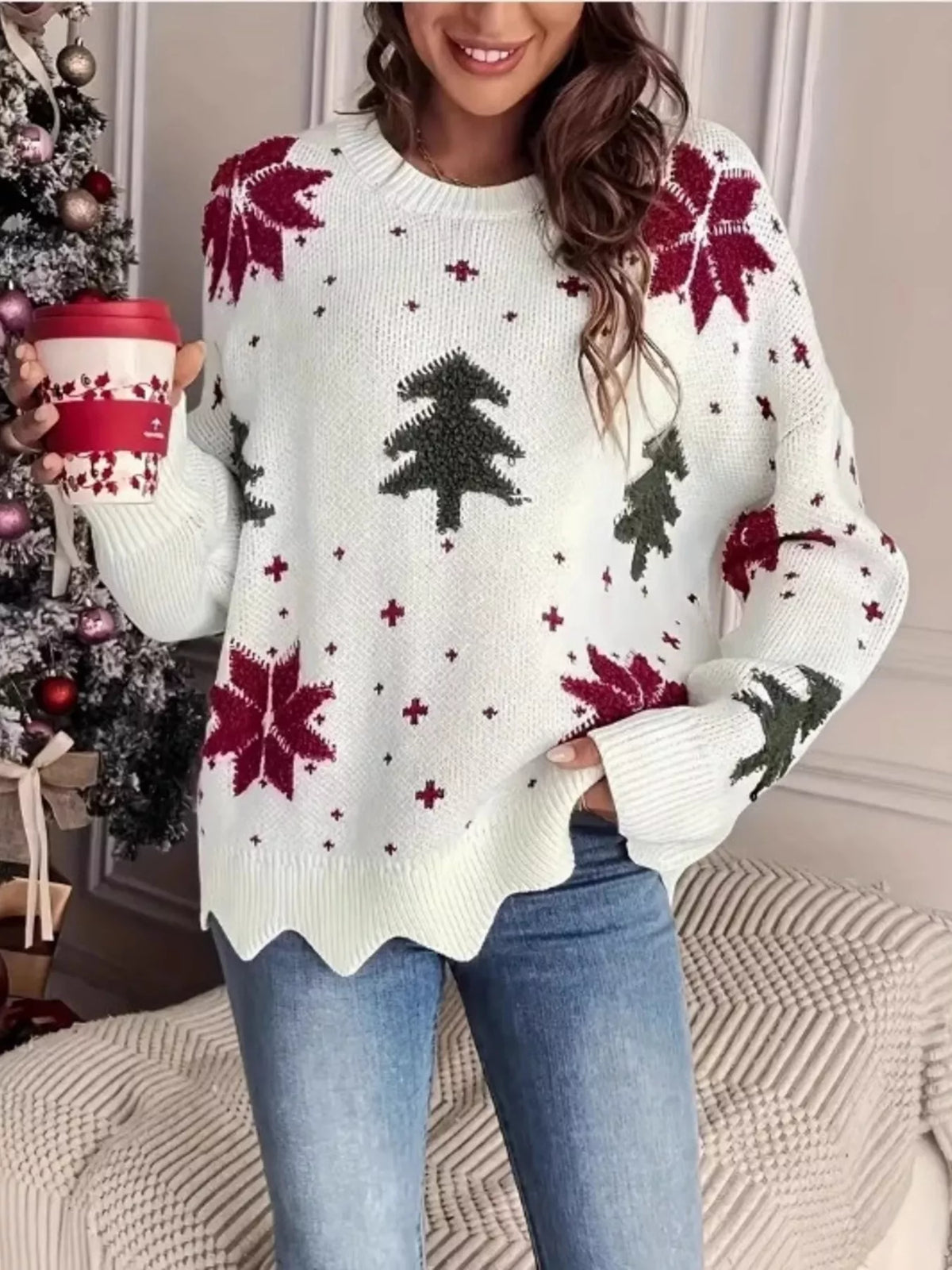 Christmas tree pattern round neck sweater by Tikibella™, featuring festive designs in a cozy knit fabric.