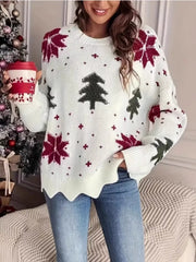 Christmas tree pattern round neck sweater by Tikibella™, featuring festive designs in a cozy knit fabric.