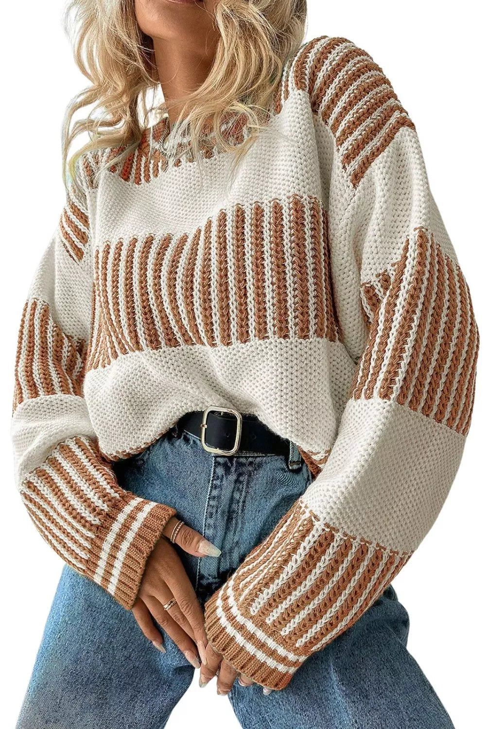 Tikibella™ striped knit long sleeve sweater in soft fabric, featuring a relaxed fit and vibrant color pattern.