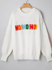 Tikibella™ HOHOHO MERRY CHRISTMAS drop shoulder holiday sweater in festive red with white lettering and relaxed fit.