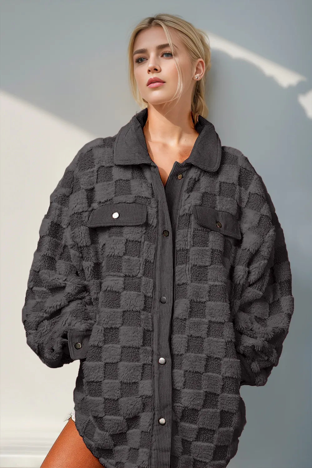 Fuzzy checkered shacket with buttons, featuring a comfortable fit and stylish design by Tikibella™.