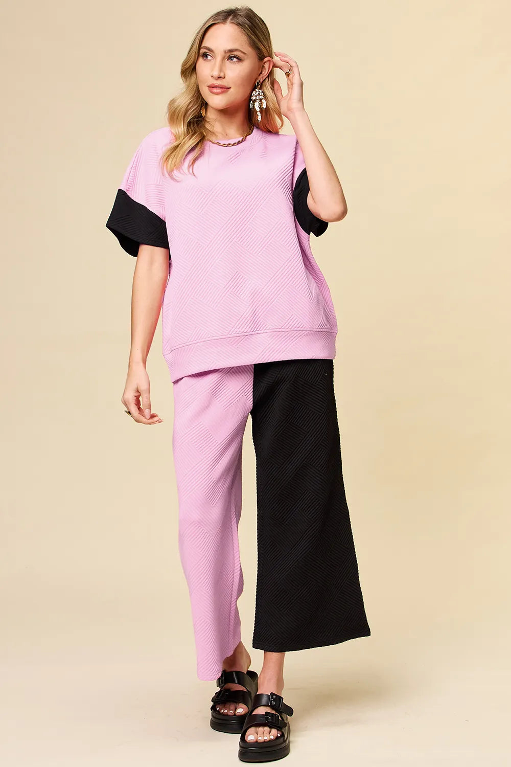 Tikibella™ double take texture contrast t-shirt and wide leg pants set displayed on a neutral background.